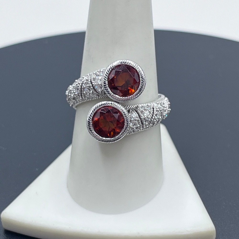 Judith Ripka Signed Sterling Silver
Bezel Madeira Citrine Bypass Pave  Ring Sz 9